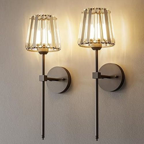 Crystal Battery Operated Wall Sconces Set of 2, Black Rechargeable Wireless Wall Sconce Lights with Crystal Lampshade, 12 RGB and 3CCT Dimmable Wall Lamps with Remote for Bedroom Living Room Hallway