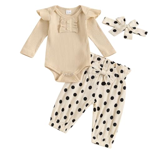 Lamuusaa Newborn Baby Girl Clothes Ribbed Ruffle Long Sleeve Romper Polka Dot Long Pants Fall Winter Outfit 0-18M