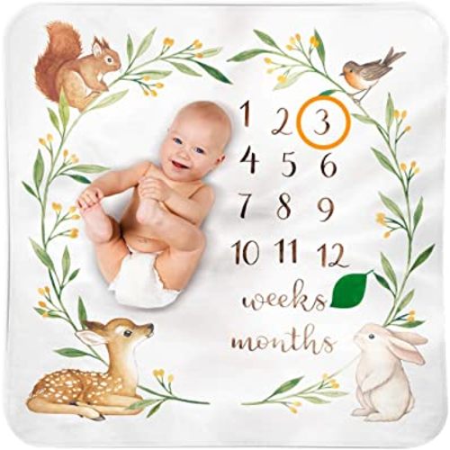 Bubzi Co Baby Monthly Milestone Blanket, Soft Woodland Photo Blanket for Baby Boy & Baby Girl, Nursery Bed Blanket, Newborn Essentials, Baby Registry Must Haves