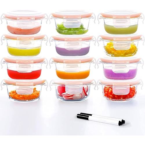 Luvan 7oz Glass Baby Food Containers, 12 Pack with Leakproof Lids, Stackable, Freezer Safe, Baby Bullet Containers for Fruit Purees and Vegetable Mashes