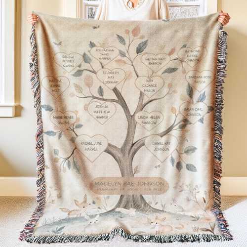 Personalized New Baby Family Tree Woven Blanket Custom Baby Shower Gift Personalized First Baby Throw Blanket Personal Message Gift New Mom