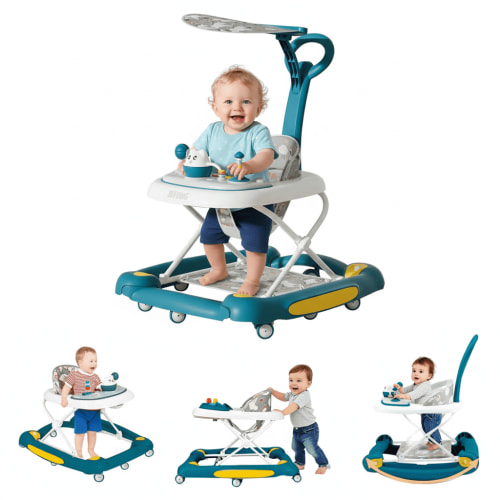 XunKA 6-in-1 Multifunctional Baby Walker, Foldable Push Walker with Musical Activity Station for 6-24 Months,Green.