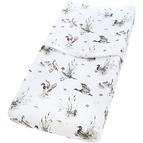 LifeTree Muslin Changing Pad Cover for Baby Girls Boys, 70% Viscose from Bamboo and 30% Cotton Natural Comfort Diaper Change Table Pad Covers, Soft Boho Changing Pad Sheets, MallardDuck, 16"x32"