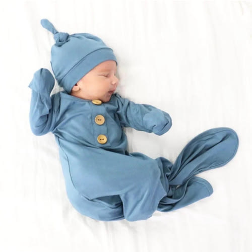 Solid Dusty Blue Bamboo Baby Knot Gown & Hat