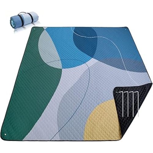 PY SUPER MODE Picnic Blankets Extra Large, Waterproof Foldable Outdoor Beach Blanket Oversized 83x79” Sandproof, 3-Layer Picnic Mat for Camping, Hiking, Travel, Park, Concerts(Abstract Blue)