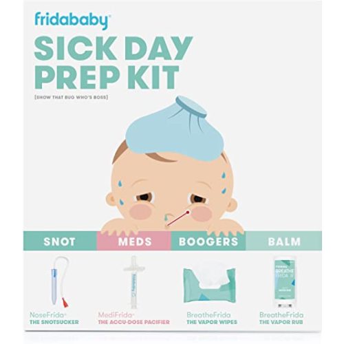 Baby Sick Day Prep Kit by FridaBaby - Includes NoseFrida Nasal Aspirator, MediFrida Pacifier Medicine Dispenser, Breathefrida Vapor Chest Rub + Snot Wipes. Soothe Stuffy Noses for Babies with A Cold