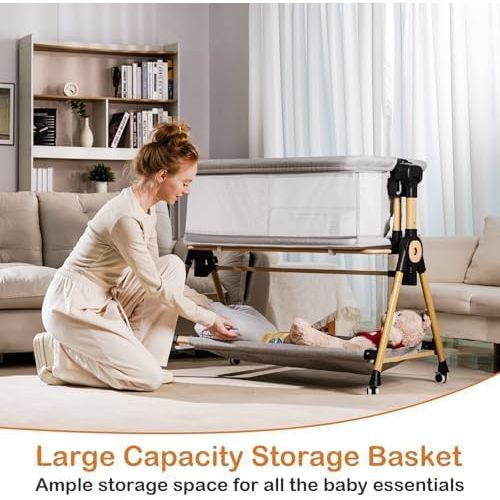 3 in 1 Baby Bassinet,Bedside/Rocking Bassinet for Baby,Bedside Crib with Lockable Wheels,Waterproof Mattress,Adjustable 6 Heights,Portable Bassinets Bedside Sleeper for Newborn Infant