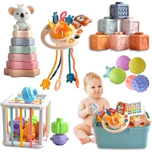Baby Toys for 6 to 12 Months(27PCS),Montessori Sensory Toy for Toddlers 1-3, Baby Bath Toy, 6 in 1 Soft Stacking Blocks Set, Pull String Toy, Infant Learning Toys Gift