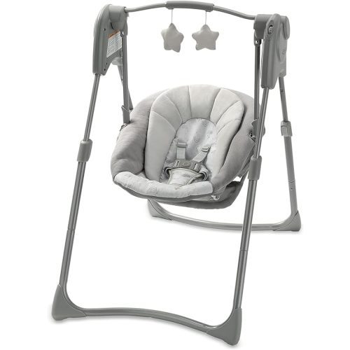 Graco Slim Spaces Compact Baby Swing, Space Saving Portable Bay Swing with Height Adjustable Legs & Soft Toys, Reign