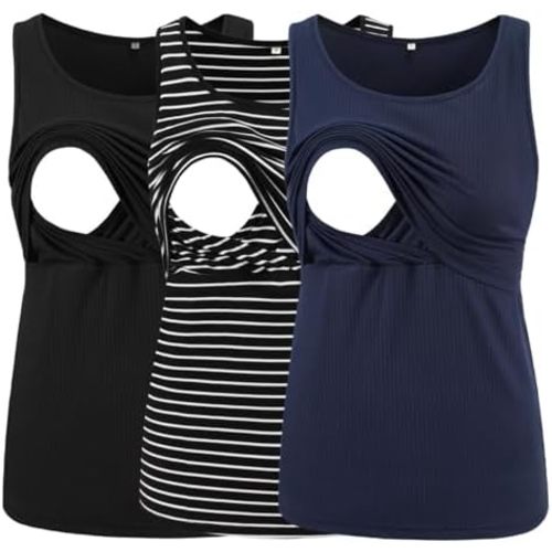 Ecavus Women's 3-Pack Ribbed Nursing Tank Tops Sleeveless Maternity Breastfeeding Shirts Double Layer Pregnancy Clothes