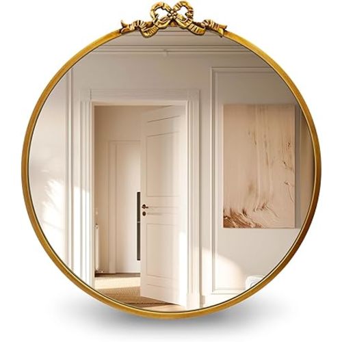 Vintage Round Mirror Gold Bathroom Vanity Mirrors 27.5inch Antique Metal Ornate Circle Wall Mirror, Baroque Home Decor for Dressing Table,Bedroom,Living Room,Hallway