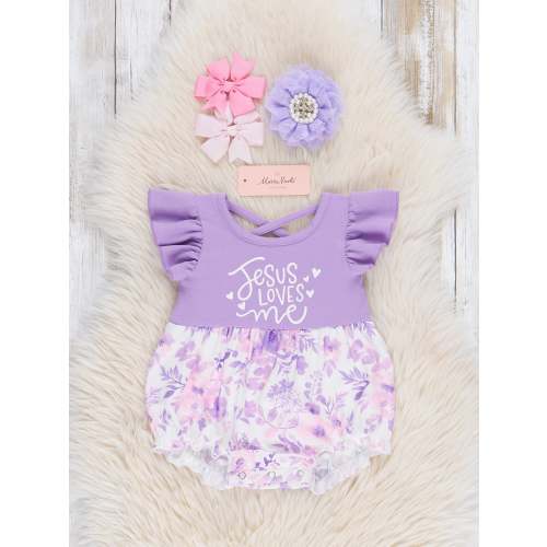 Purple "Jesus Loves Me" Ruffle Romper