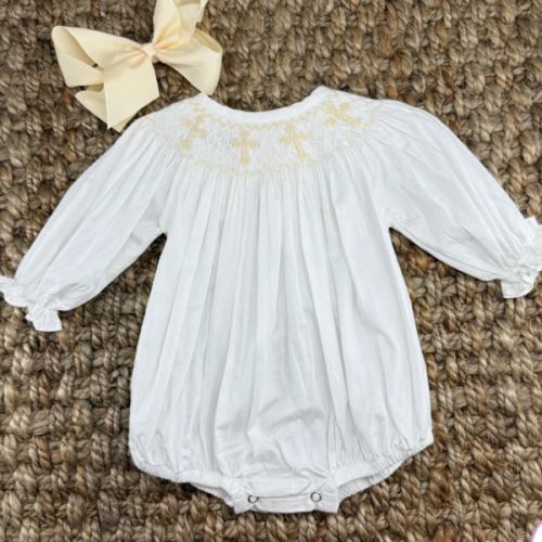 Smocked Cross Long-Sleeve Bubble Romper – Pleats and Stitches