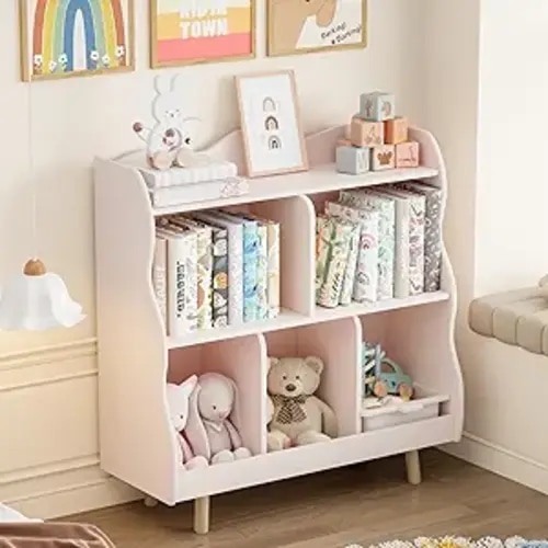 Treocho Kids Bookshelf and Toy Storage Orangizer, 3-Tier Wooden Children's Bookcase with Curve Design, 5 Cubbies Toy Storage Cabinet Display with Legs for Children's Room, Playroom, School, Pink