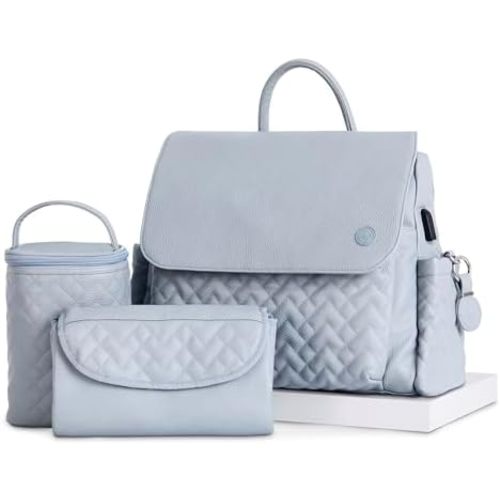Hannah & Sophia Traveler Diaper Backpack, 4-piece Travel Baby Bag Set with USB-C Charging Port, 11-Pocket Organization System, Bottle Bag, Changing Pad & AirTag Keychain, Moonmist Blue