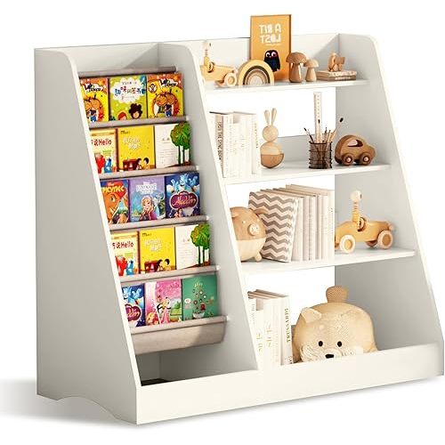 Natural Wood Kids Bookshelf, 4-Tier Toy & Book Storage Organizer with 5 Slings Bookcase for Toddler, Children, Fits Nursery, Bedroom, Classroom, Playroom,White