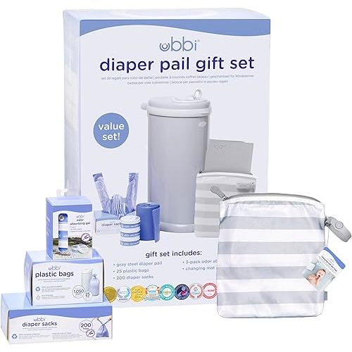 Ubbi Diaper Changing Value Gift Set, Baby Registry Gift, Includes Gray Diaper Pail, Absorbing Gels, Travel Changing Mat & Bag, Diaper Pail Waste Bags and On-the-Go Waste Sacks