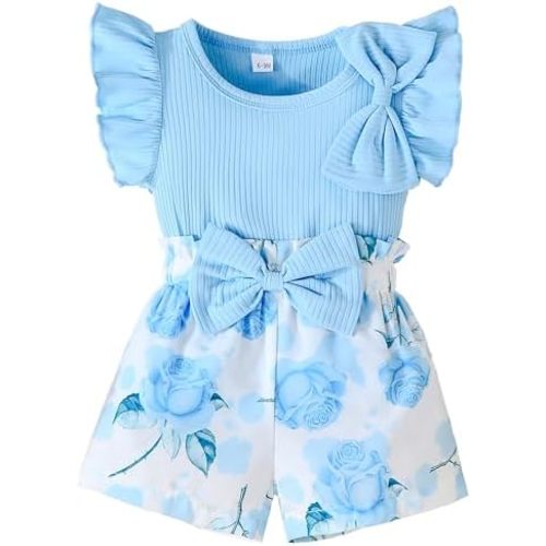 SUREPOCH Toddler Baby Girl Clothes Summer Outfits Ruffled Knit Sleeveless Top Cute Shorts Set Perfect Gifts for Baby Girls