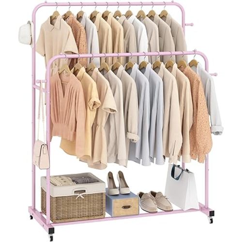 Laiensia Double Rods Garment Rack with Wheels, Clothing Rack for Hanging Clothes,4 Hooks, Multi-Functional Bedroom Clothes Rack, Pink