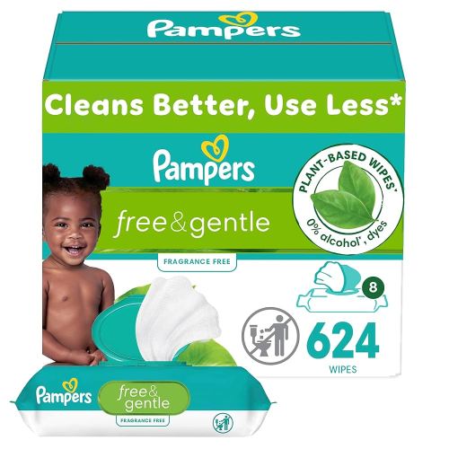 Pampers Baby Wipes, Free & Gentle, Hypoallergenic and Unscented Wipe, 100% Plant Based, Plastic-Free for Babies, 624 Total (8 Flip-Top Packs)