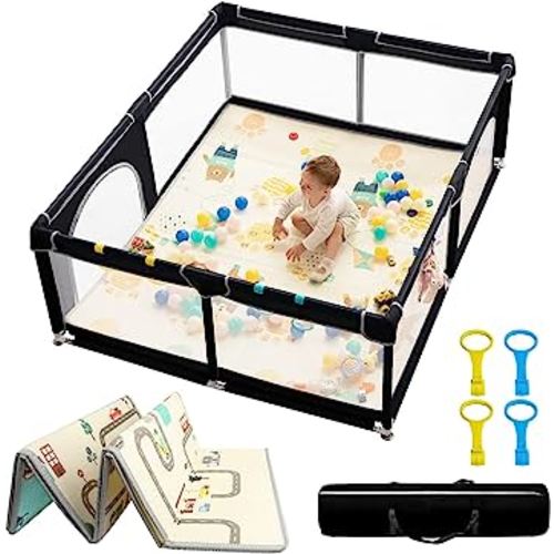 dearlomum Baby Playpen with Mat 71" X 59", Extra Large Play Yard for Babies and Toddlers, Safety Baby Fence, Indoor & Outdoor Kids Activity Play Center with Anti-Slip Suckers and Zipper Gate(Black)