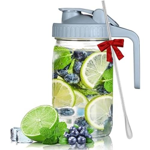 Mason Jar Pour Spout Lid - 32oz Gray Airtight Glass Pitcher with Lid & Mixing Spoon Food Grade and Safe, 1 Quart Sturdy Wide Mouth Jar also Nice for Breastmilk, Milk, Juice and Tea