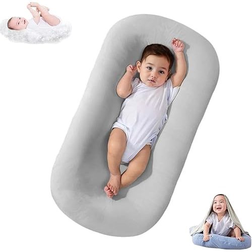 Lucakuins Baby Lounger, Bionic Design Baby Lounger for Newborn 0-24 Months, Soft Organic Cotton Breathable Lounger for Infants (Light Grey Baby Lounger)