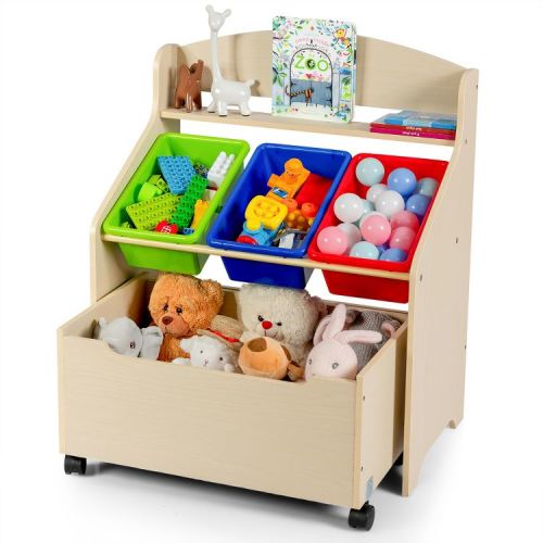 Costway Kids Wooden Toy Storage Unit Organizer w/Rolling Toy Box & Plastic Bins Natural