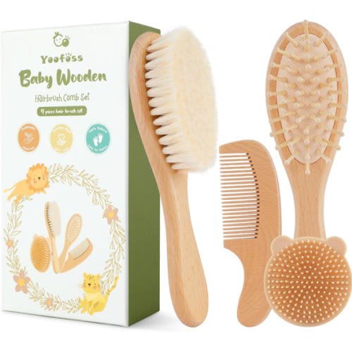 Yoofoss 4 Piece Baby Brush and Comb Set, Wooden Baby Brush with Natural Ultra Soft Goat Hair, Baby Hair Brush for Newborn, Baby Brush Set for Boy Girl