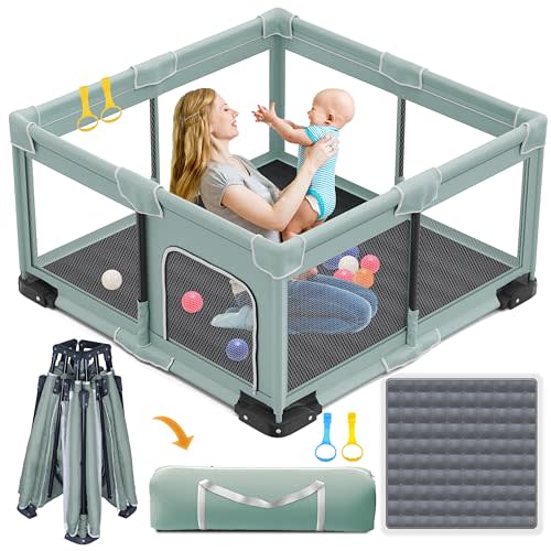 ICAREWAY Foldable Playpen for Babies and Toddlers, 50x50 Inches Portable Playpen, Kids Collapsible Play Pen with 2 Handlers, Indoor & Outdoor Baby Fence Play Area with Visible Mesh, Light Green