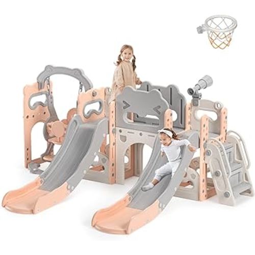 Lischwert Toddler Slide and Swing, 10 in 1 Toddler Indoor Playground, Slide for Toddlers, Outdoor Playset Backyard with Basketball Hoop, Tunnel and Storage Space, Kids Double Slide Age 1+