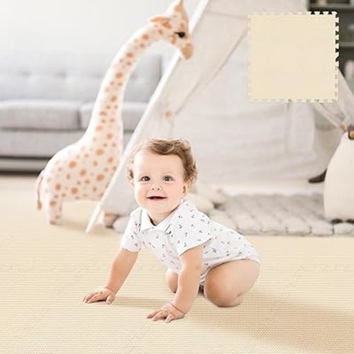 Puzzle Play Mat 9 Tiles with 18 Border Pieces, Interlocking Stitching Mat with Border for Living Room Playroom Gym, Beige