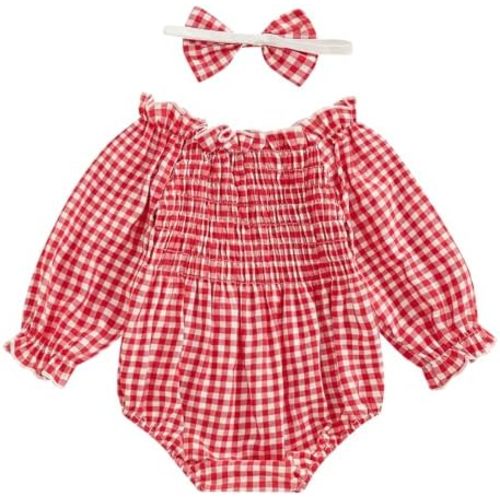 Newborn Infant Baby Girl Spring Romper Clothes Long Sleeve Plaid Bodysuit with Headband Toddler Girls Top