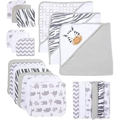 Spasilk Baby 23 Piece Bath Hooded Towels & Washcloths Set for Newborn Boys & Girls, White Zebra