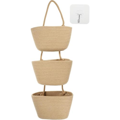 PATIKIL Over the Door Basket, 3 Tier Cotton Rope Woven Hanging Basket Wall Mounted Storage Organizer for Kitchen Bedroom Living Room, Khaki