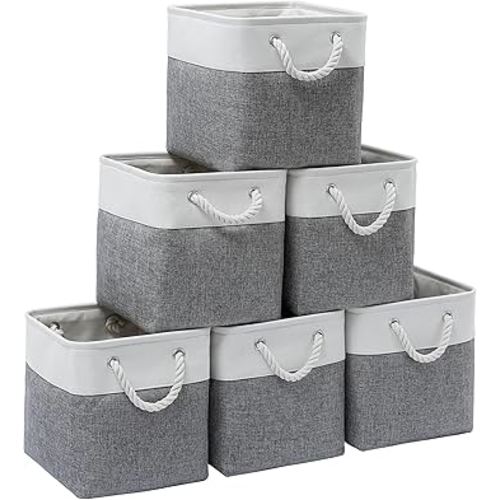 11 x 11 Inch Storage Cubes, 6 Pack Large Collapsible Fabric Storage Bin with Ropes, Foldable Storage Cubes for Home, Office,Closet, Clothes, Toys Organizer (White&Gray)