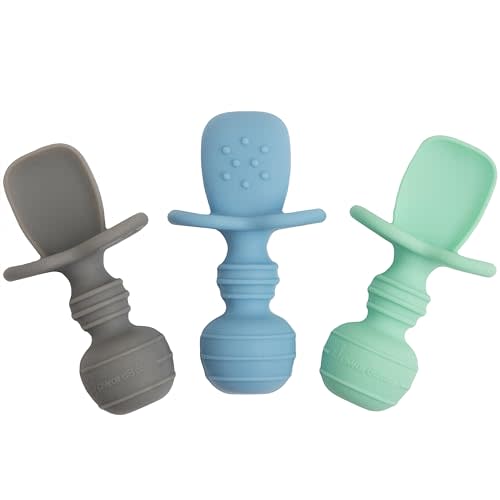 Upward Baby Spoons Self Feeding 6+ Months, 3 Pack, Chewable Toddler Utensils with Anti Choke Barrier, Baby Feeding Essentials, Baby Spoons 4 months, Silicone Baby Spoons, Baby Spoons 6 Months