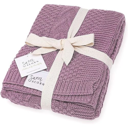 Sweet Acorn Knit Baby Blanket in Cable Pattern, Organic Cotton Blankets for Crib or Stroller, Receiving Blankets - Lilac Purple