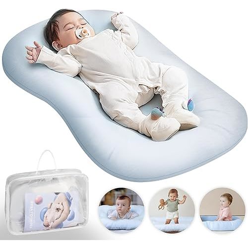 Baby Lounger - Baby Lounger Pillow for Newborn, 0-24 Months, Bionic Design Infant Lounger for Home and Travel, Soft Cotton, Newborn Babies Essentials Gifts, Grayish Blue