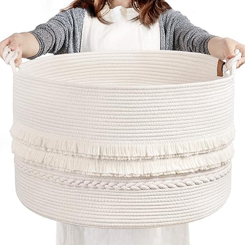TIMEYARD Large Rope Storage Basket, Decorative Blanket Basket for Home Decor, White Baby Laundry Hampers for Clothes, Pillows,Nursery Toy Storage Basket,22 x 14 inches