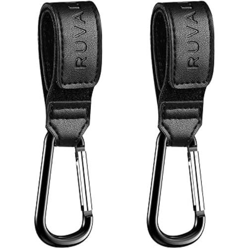 Leather Stroller Hooks for Diaper Bag and Stroller Organizer - RUVALINO® Stroller Strap with Large Carabiner Clip for Shopping Bags - Accessories for Wheelchair, Shopping and Pet Carts, Black, 2 Pack