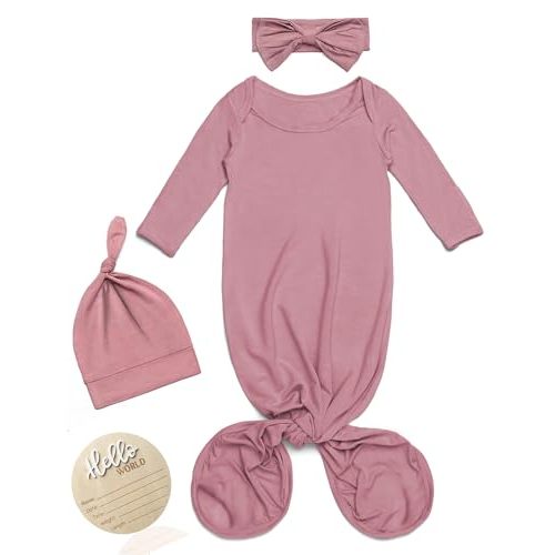 Soft Knotted Gown 0-3 Months, Modal Baby Gowns With Hello World Sign Newborn Announcement Outfit