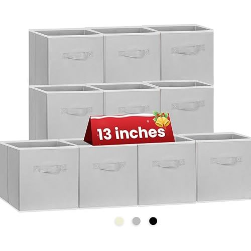 Criusia Large Storage Cubes, 13 Inch Cube Storage Bins for Shelves Closet Nursery Bedroom - 10 Pack Collapsible Storage Baskets with Handles - Fabric Bins for Organizing Clothes Blanket Toys (Grey)