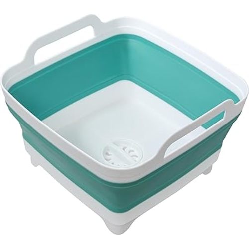 Dishpan for Washing Dishes, 2.4Gal/9L Wash Basin with Draining Plug Carry Handles, Collapsible Bucket for Cleaning, Portable Sink, Foldable Plastic Tub