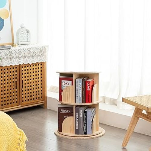 Rotating Bookshelf, 2 Tier Rotating Bookshelf Kids, 360 Display Floor Standing Bookcase Storage Rack for Kids&Adults, Solid Wood Organizer, Classic Natural