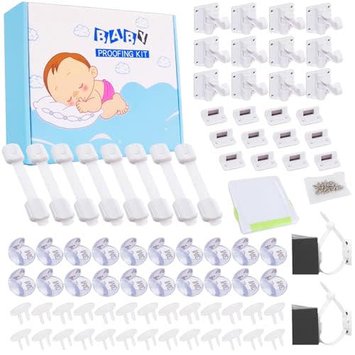 69 Packs Baby Proofing Kit including 12 Hidden Cabinet Locks, 8 Adjustable Safety Latches, 26 Outlet Covers, 20 Baby Proof Corners, 2 Anti Tip Furniture Anchors Kit and 1 Sliding Glass Door Lock