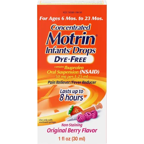 Motrin Infants' Oral Suspension Concentrated Liquid Medicine Drops with Ibuprofen, NSAID Infant Fever Reducer and Pain Reliever for Babies, Dye-Free, Alcohol-Free, Berry Flavor, 1 FL OZ