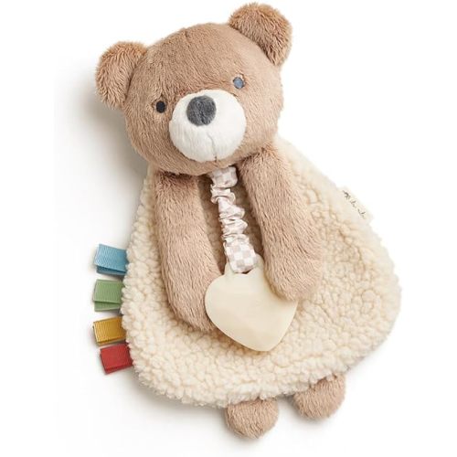 Itzy Ritzy - Itzy Lovey Including Teether - Baby Lovey with Teether, Textured Ribbons & Dangle Arms - Features Crinkle Sound, Sherpa Fabric and Minky Plush (Bear)