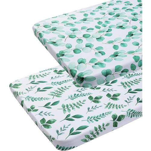 Pack n Play Sheets 2 Pack for Baby Unisex, Stretchy Jersey Knitted Portable Mini Crib Sheets Playard Mattress Cover for Baby Boys and Girls, Watercolor Green Botanical Leaf