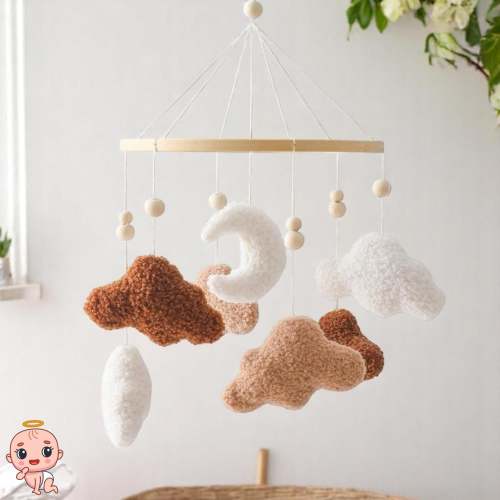 Handmade Baby Mobile with Moon & Clouds – Pink/White or Brown/White Felt – Nursery Decor – Baby Shower or Newborn Gift